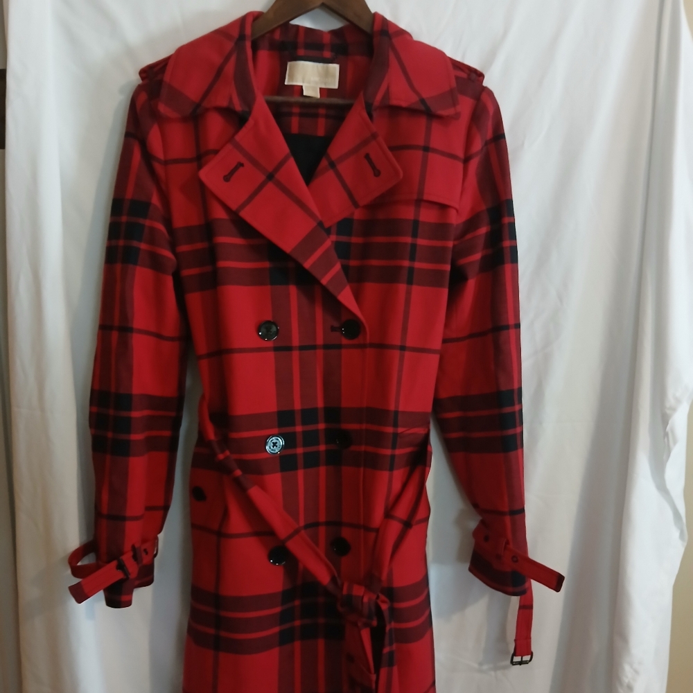 Michael Kors Red and Black Plaid Trench Coat